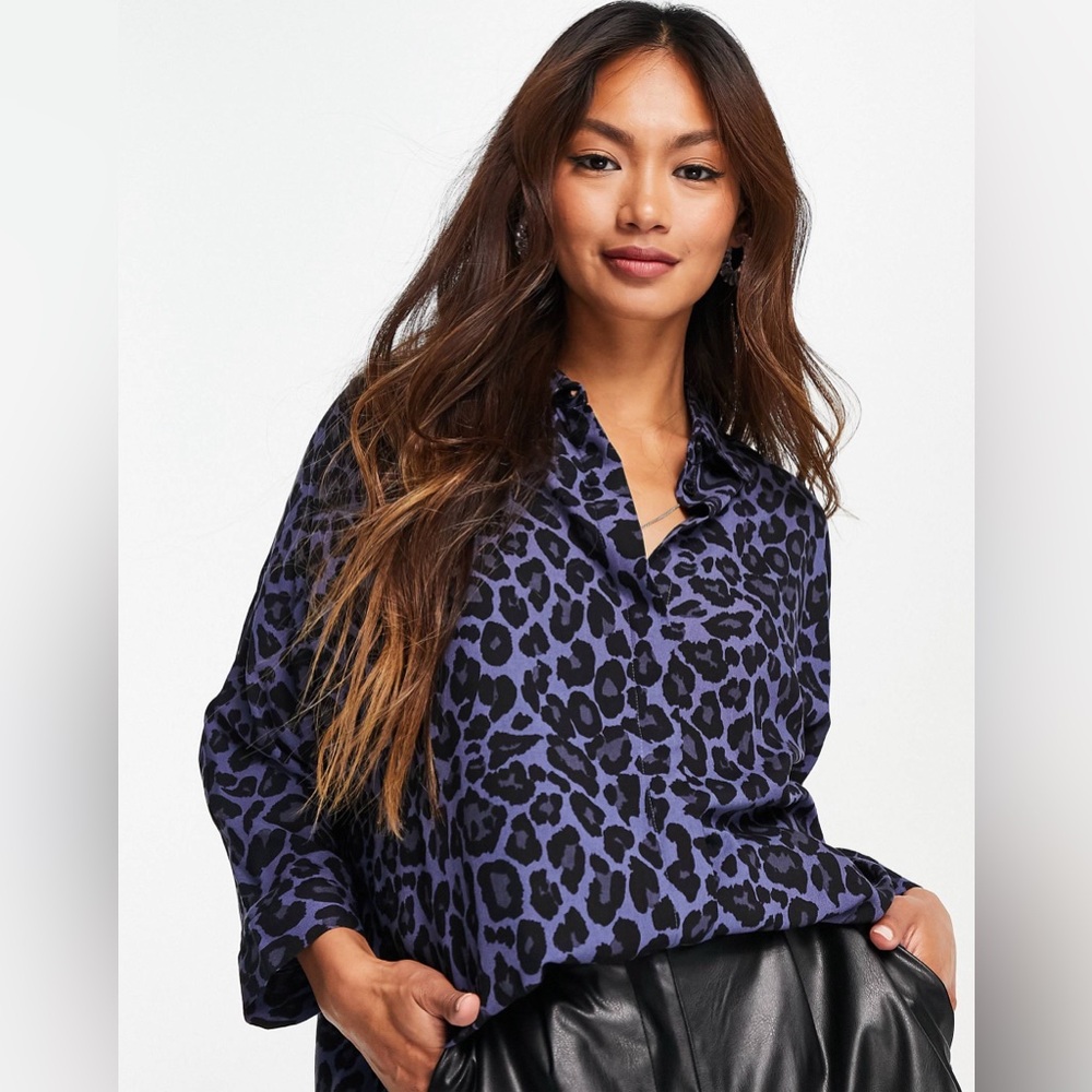ASOS DESIGN oversized long sleeve shirt in blue leopard print